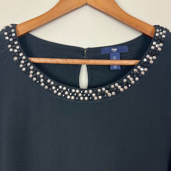 Gap Blouse Top Womens Large Black Embellished Neck Long Sleeve Rhinestones L‎ - Picture 3 of 9